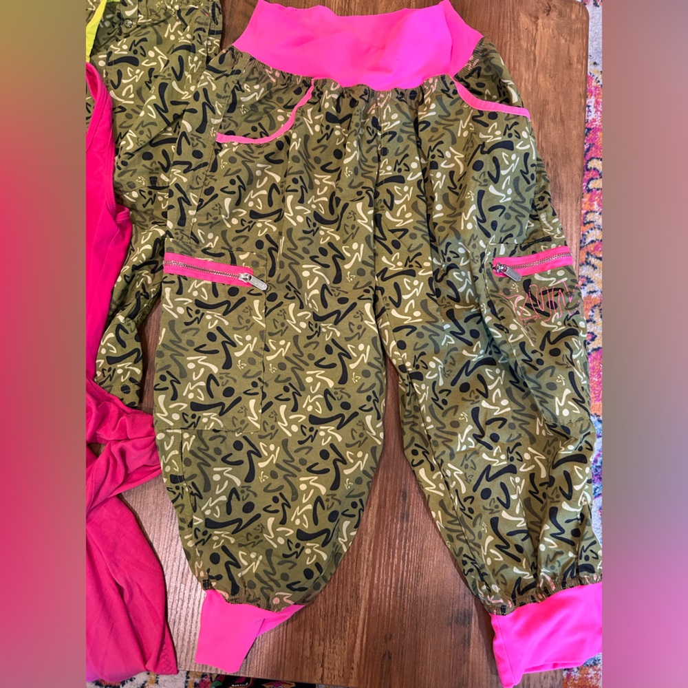 Zumba Fitness Pink Tank, camo cropped pant, camo shorts, light cardigan, fun top - Picture 5 of 14